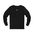 Black long-sleeve tee with a small white FREEBRD script logo centered below the back neckline, back view.