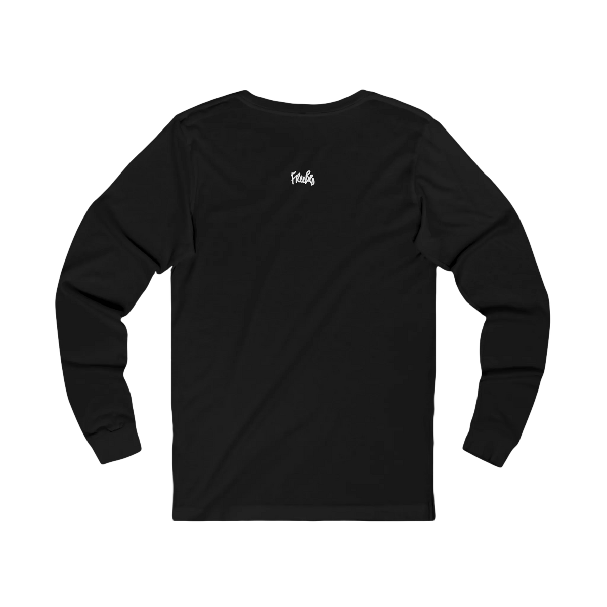 Black long-sleeve tee with a small white FREEBRD script logo centered below the back neckline, back view.