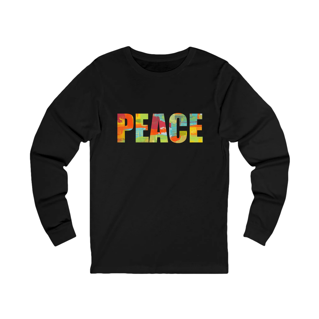 Black long-sleeve tee with ‘PEACE' in large multicolored abstract letters across the chest, front view.