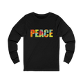 Black long-sleeve tee with ‘PEACE' in large multicolored abstract letters across the chest, front view.