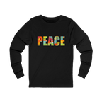 Black long-sleeve tee with ‘PEACE' in large multicolored abstract letters across the chest, front view.