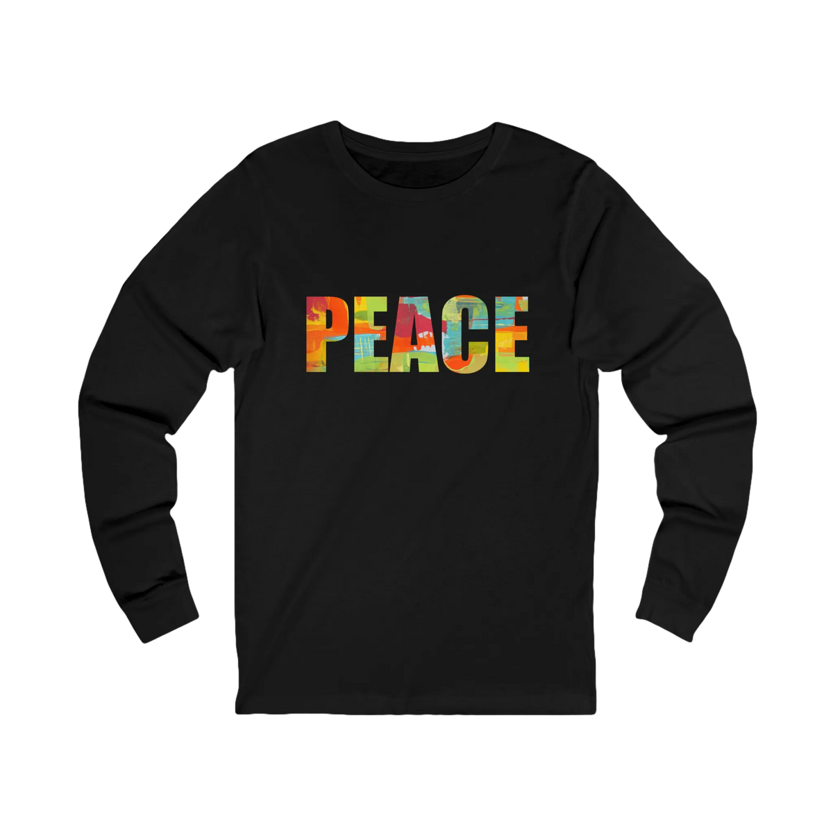 Black long-sleeve tee with ‘PEACE' in large multicolored abstract letters across the chest, front view.