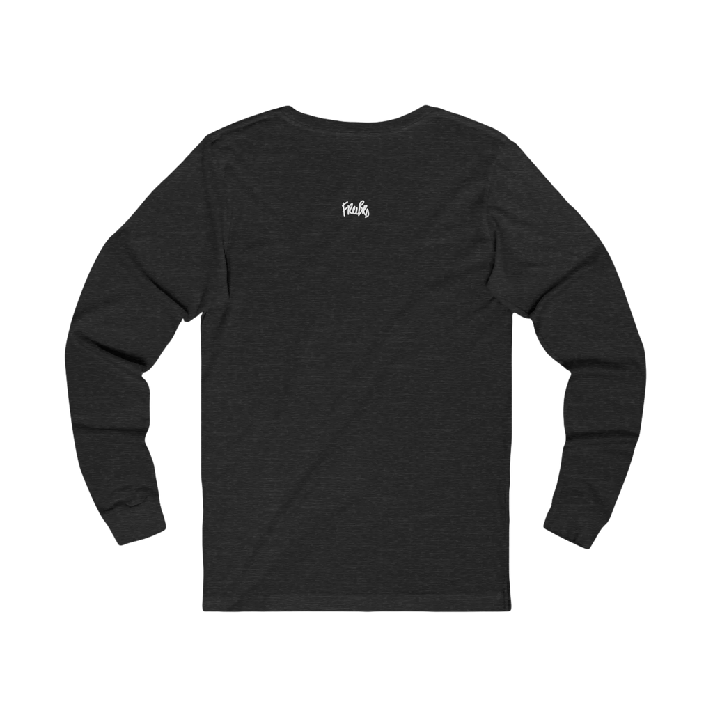 Dark grey heather long-sleeve tee with a small white FREEBRD script logo centered below the back neckline, back view.