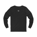 Dark grey heather long-sleeve tee with a small white FREEBRD script logo centered below the back neckline, back view.