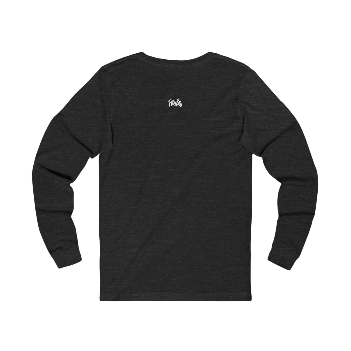 Dark grey heather long-sleeve tee with a small white FREEBRD script logo centered below the back neckline, back view.