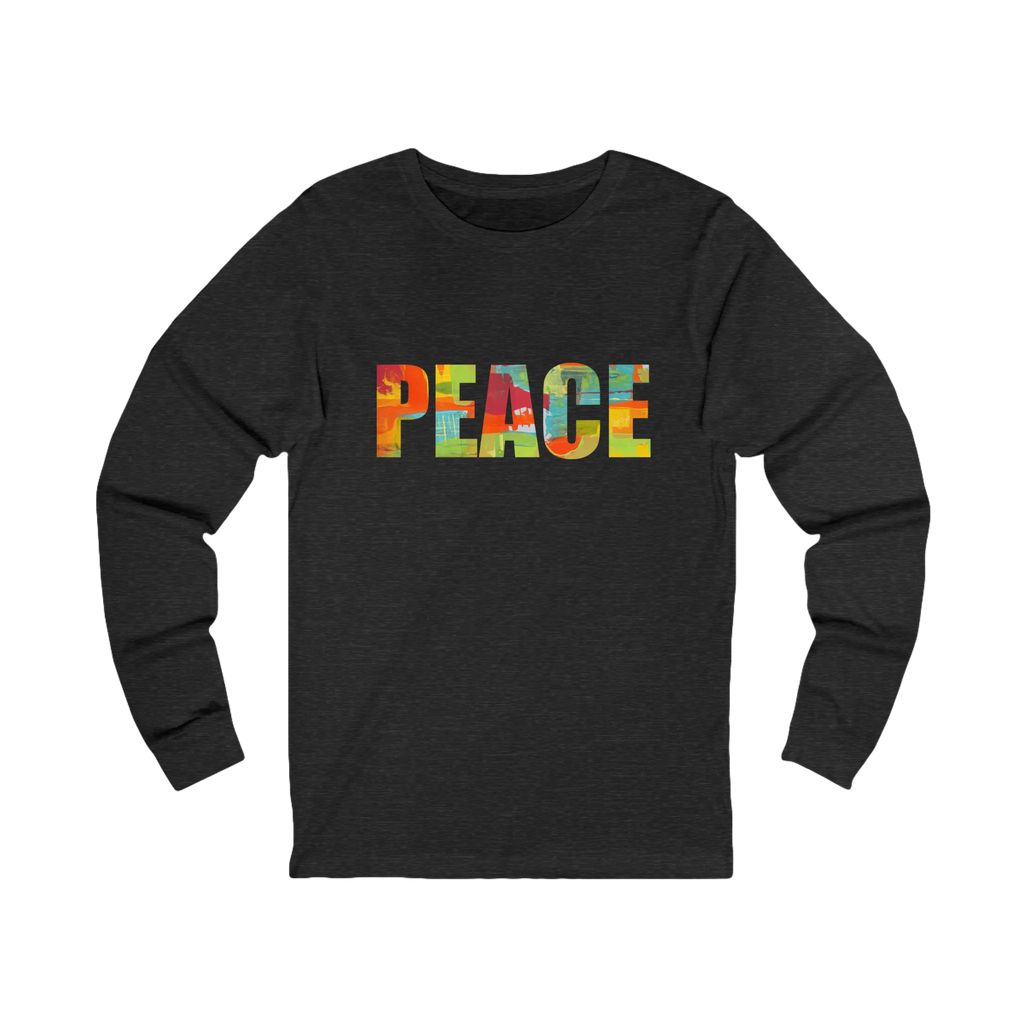 Dark Grey Heather long-sleeve tee with “PEACE” in large multicolored abstract letters across the chest, front view.
