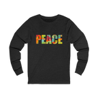 Dark Grey Heather long-sleeve tee with “PEACE” in large multicolored abstract letters across the chest, front view.