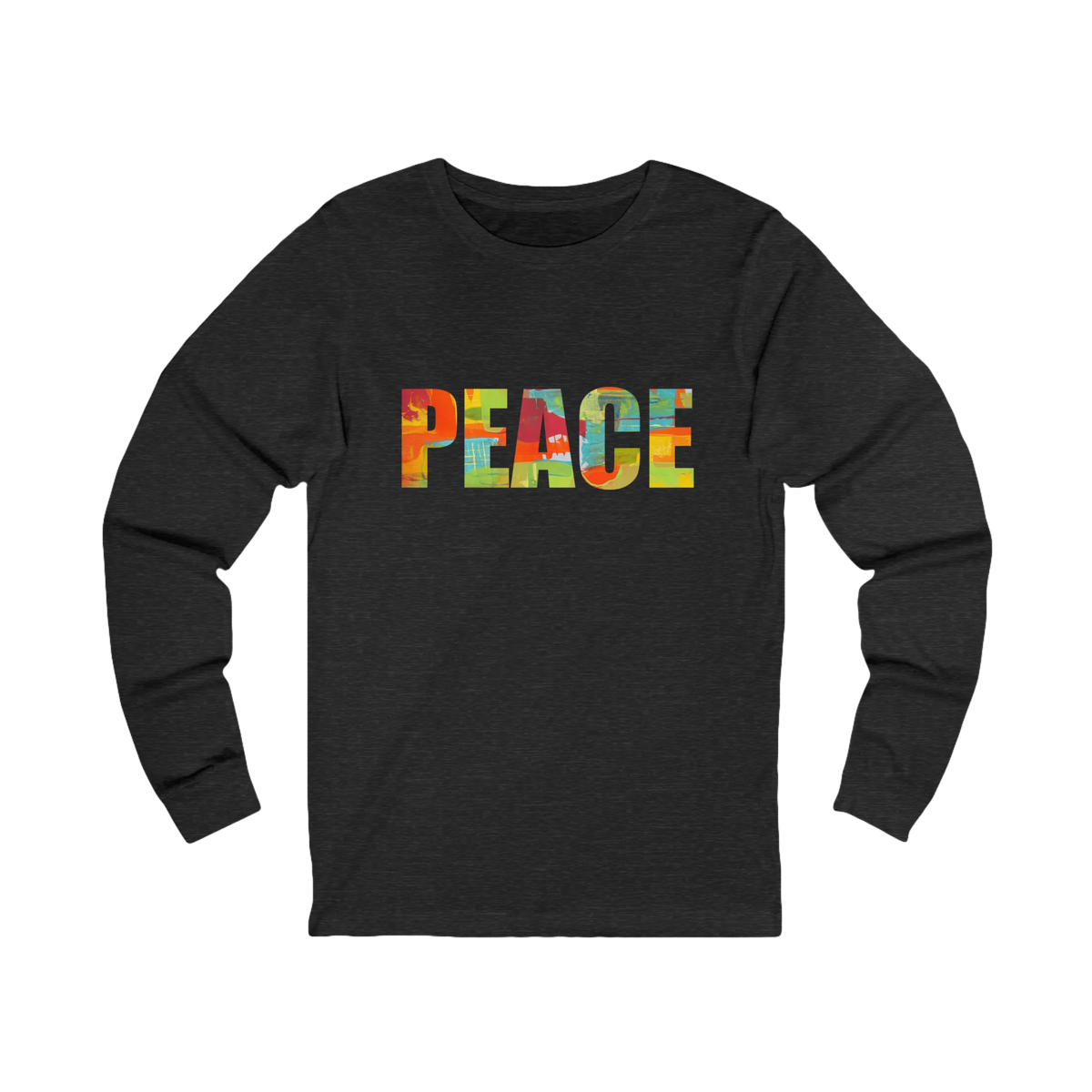 Dark Grey Heather long-sleeve tee with “PEACE” in large multicolored abstract letters across the chest, front view.