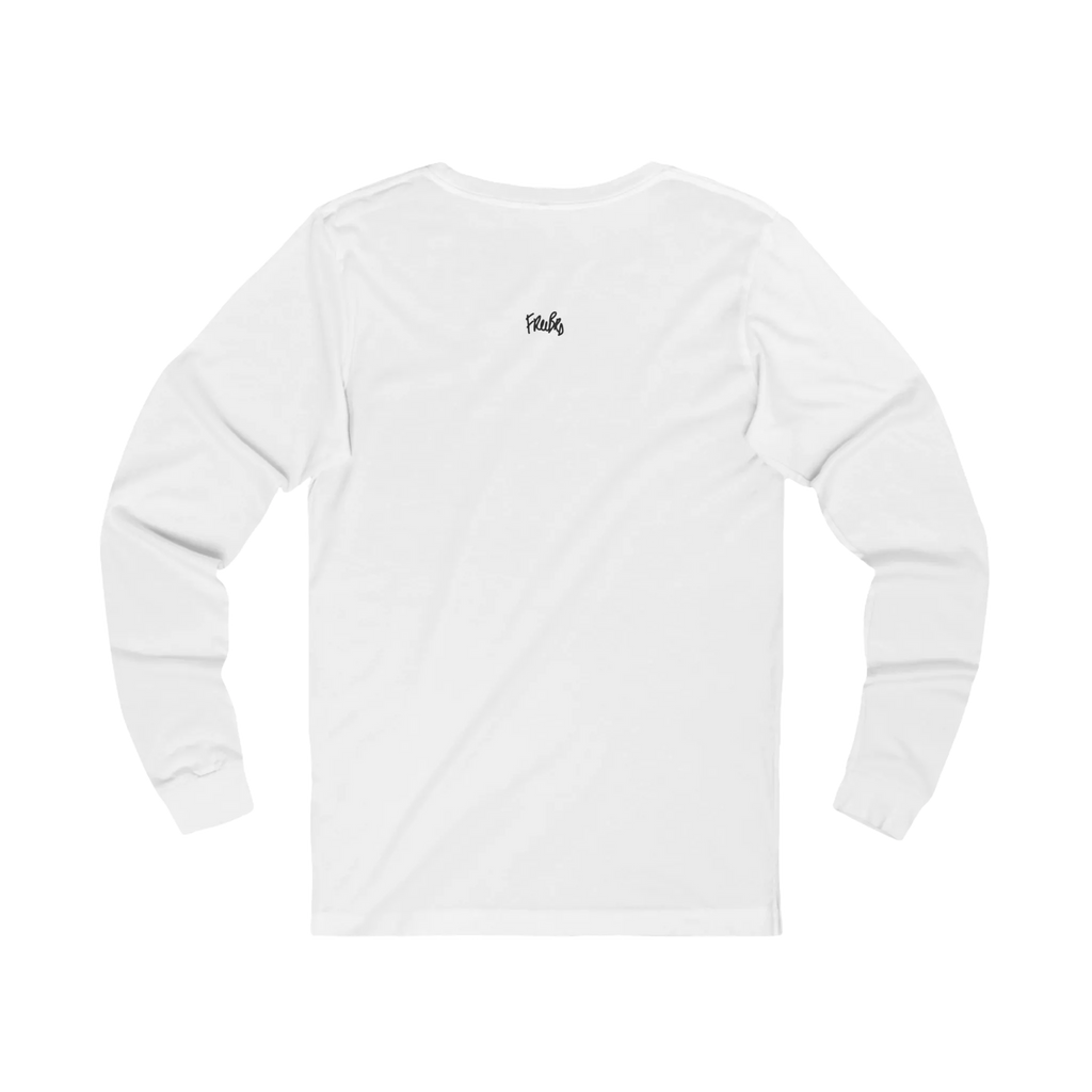 White long-sleeve tee with a small black FREEBRD script logo centered below the back neckline, back view.