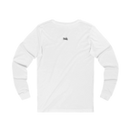 White long-sleeve tee with a small black FREEBRD script logo centered below the back neckline, back view.