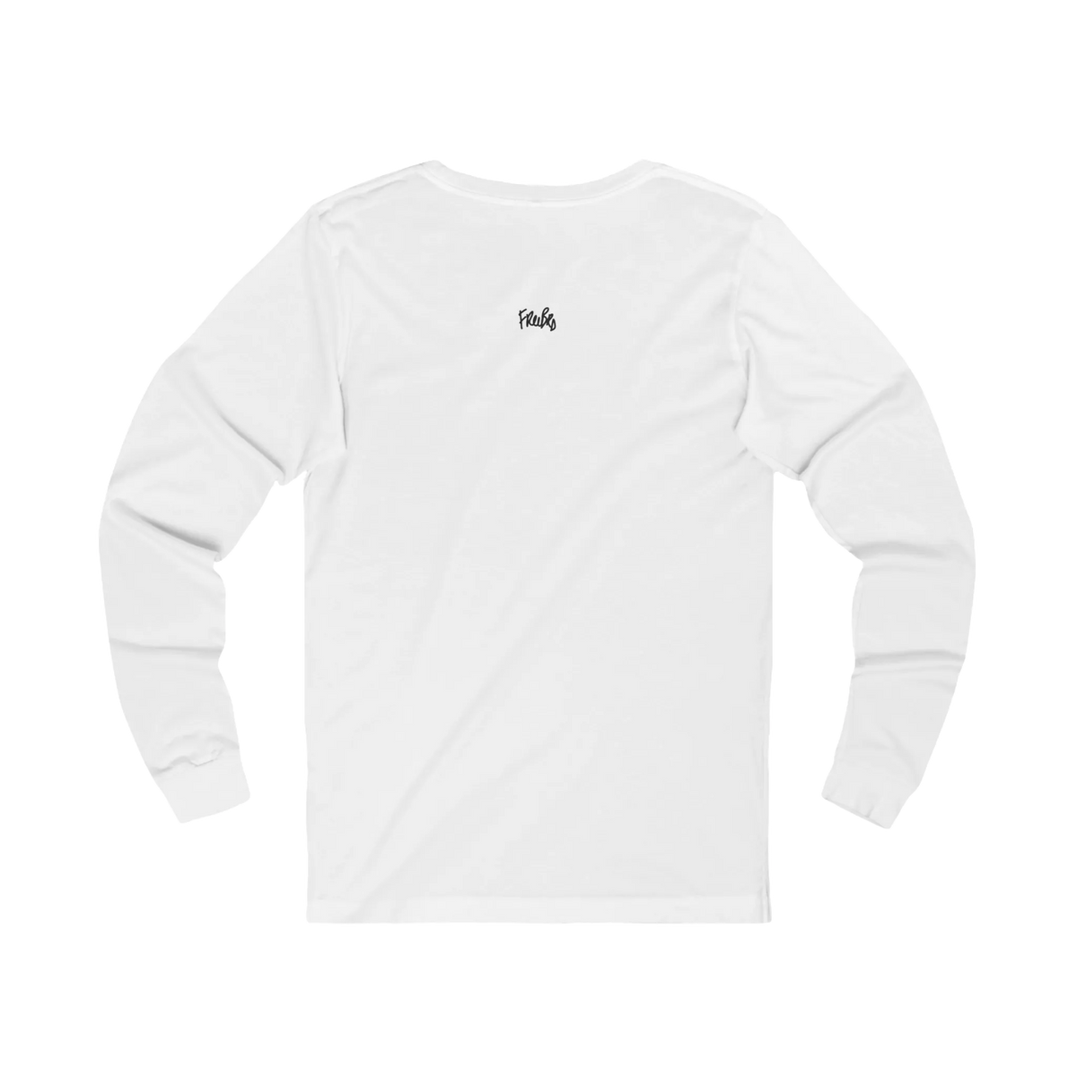White long-sleeve tee with a small black FREEBRD script logo centered below the back neckline, back view.