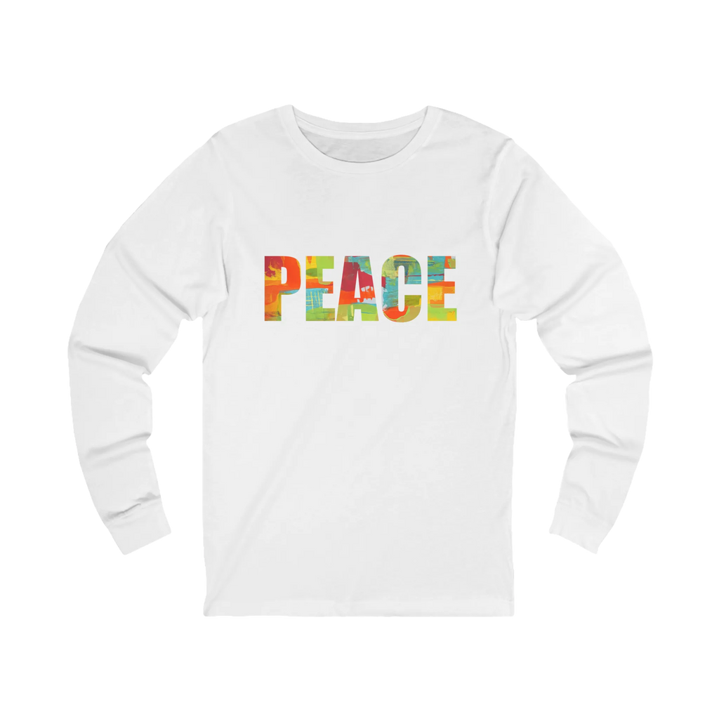 White long-sleeve tee with “PEACE” in large multicolored abstract letters across the chest, front view.