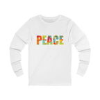 White long-sleeve tee with “PEACE” in large multicolored abstract letters across the chest, front view.