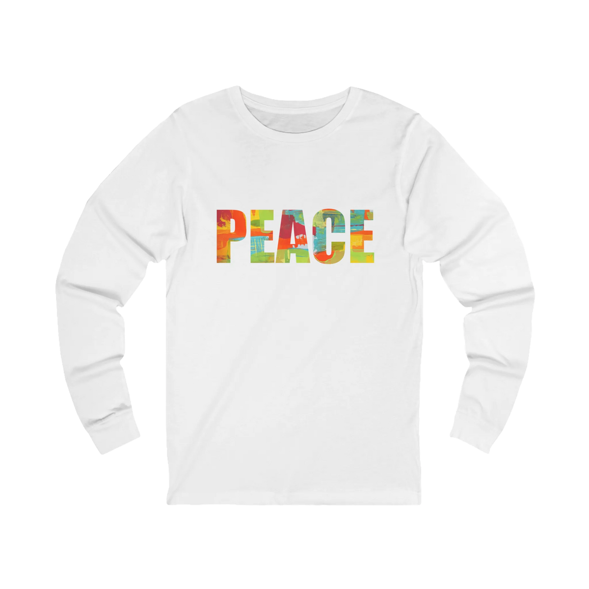 White long-sleeve tee with “PEACE” in large multicolored abstract letters across the chest, front view.