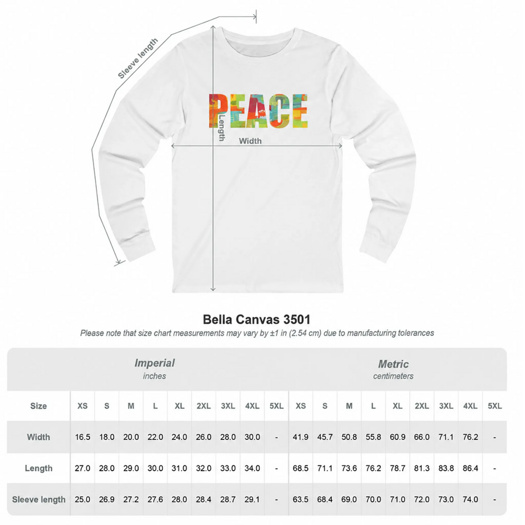  Bella Canvas 3501 size chart showing a white PEACE graphic long-sleeve tee with measurement arrows and width, length, and sleeve measurements in inches and centimeters.