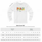  Bella Canvas 3501 size chart showing a white PEACE graphic long-sleeve tee with measurement arrows and width, length, and sleeve measurements in inches and centimeters.