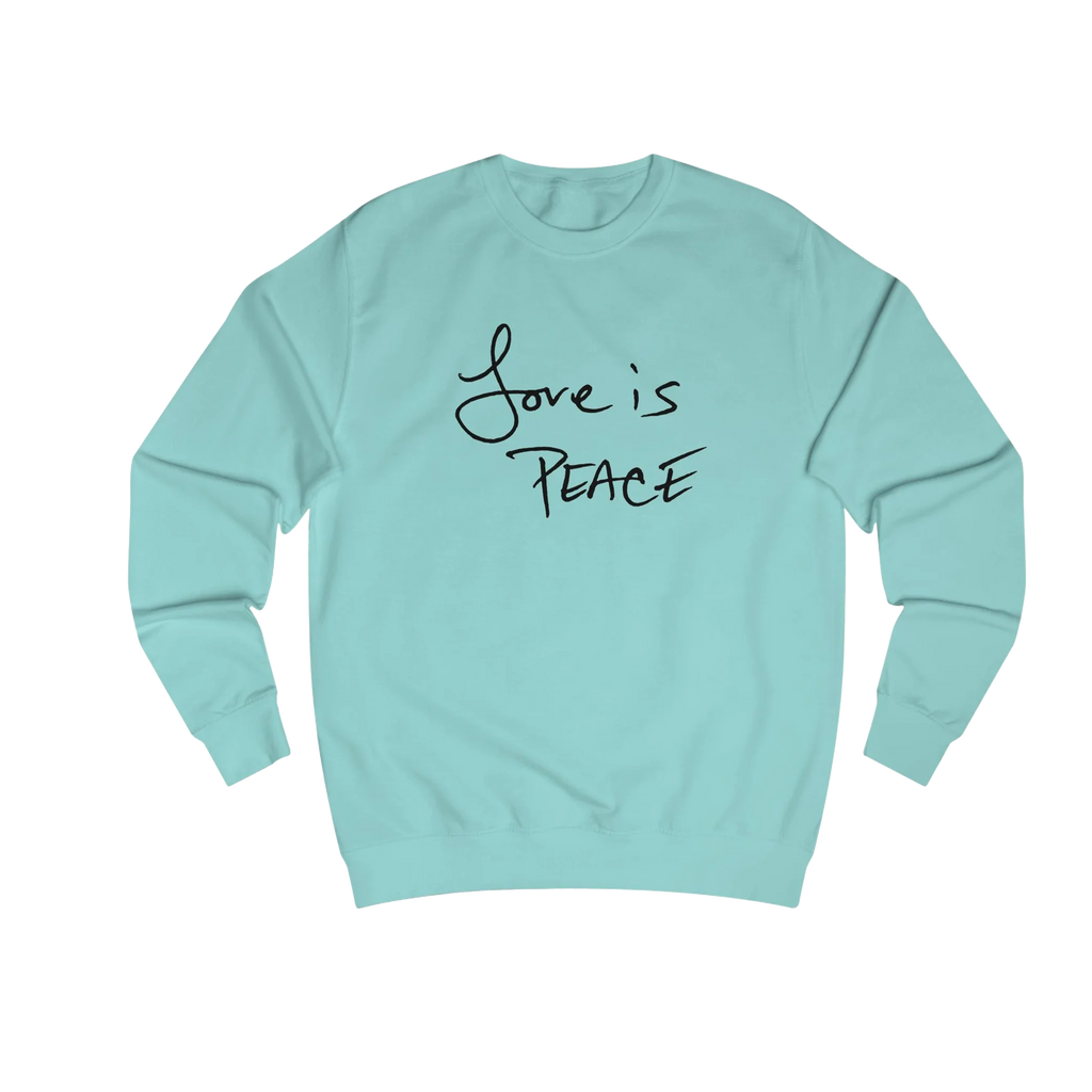 Peppermint Love is Peace crewneck sweatshirt, handwritten Love is Peace graphic, crew neck, front view.