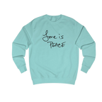 Peppermint Love is Peace crewneck sweatshirt, handwritten Love is Peace graphic, crew neck, front view.