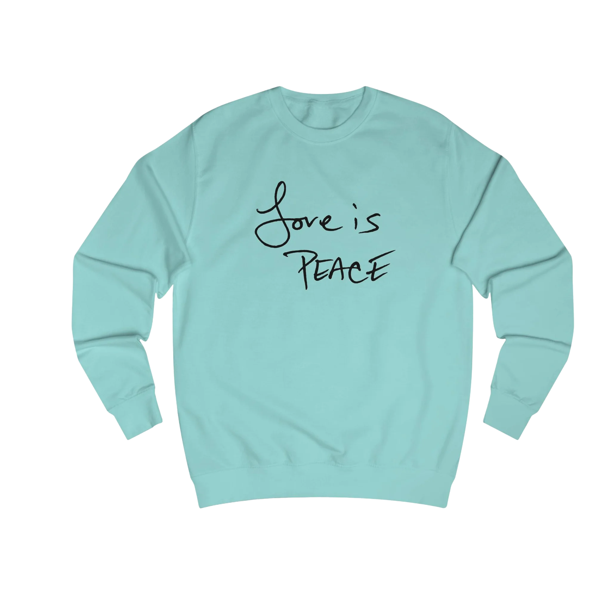 Peppermint Love is Peace crewneck sweatshirt, black print, front view.