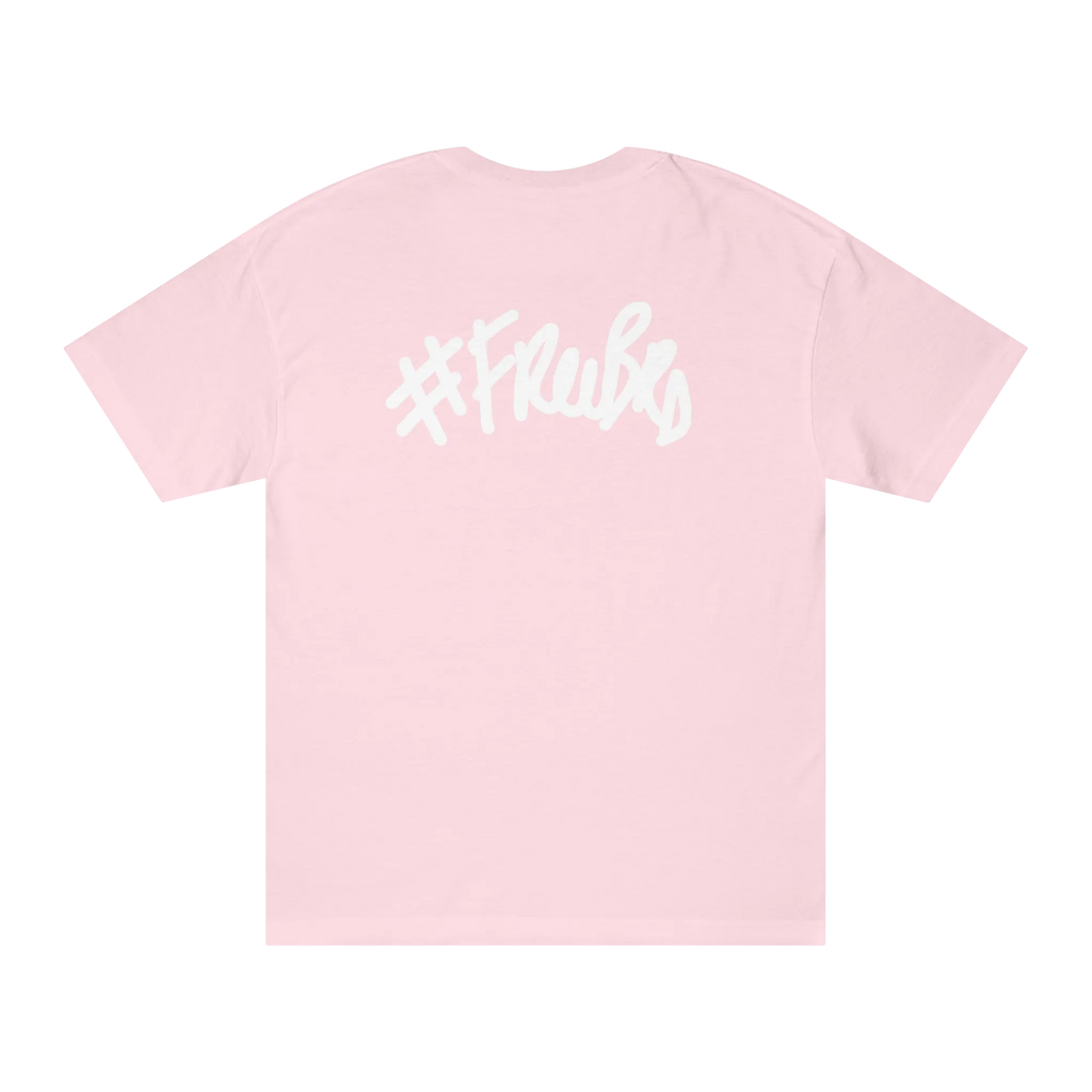 A pink t-shirt with a white hashtag Freebrd graffiti script graphic on the back.