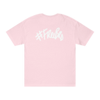 A pink t-shirt with a white hashtag Freebrd graffiti script graphic on the back.