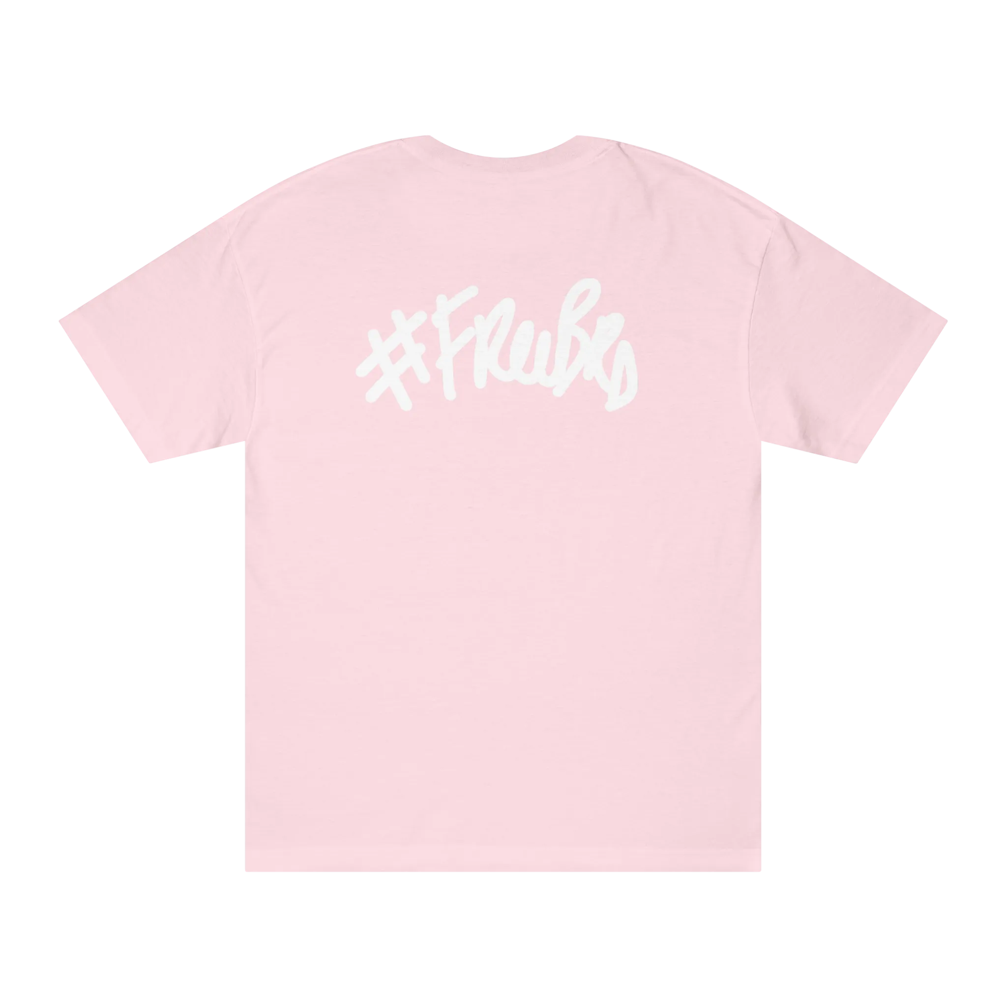 A pink t-shirt with a white #Freebrd graffiti script graphic on the back.