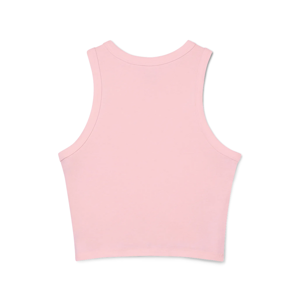 The back of a pink cropped racerback tank top with a clean racerback cut.