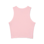The back of a pink cropped racerback tank top with a clean racerback cut.