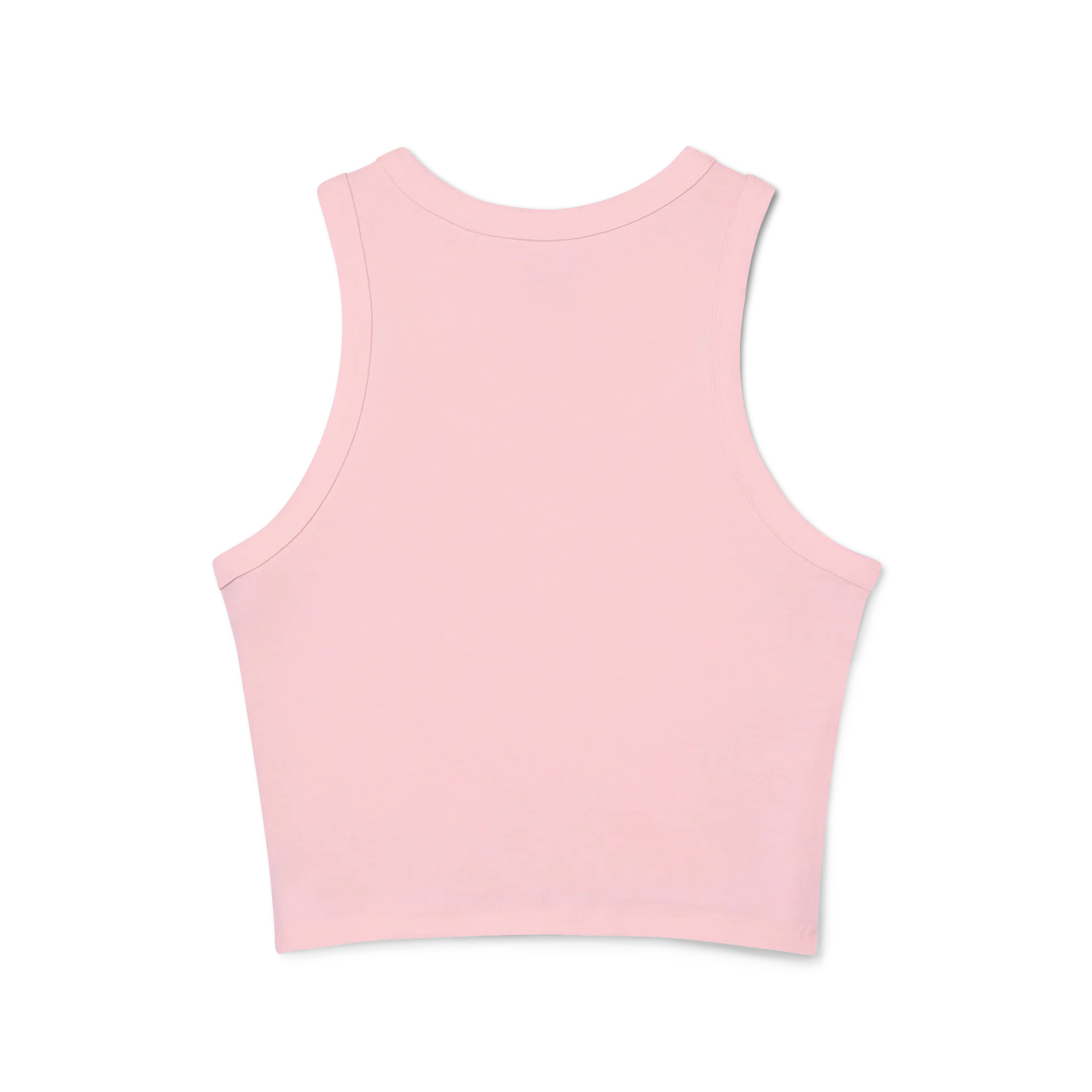 The back of a pink cropped racerback tank top with a clean racerback cut.