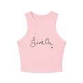 A pink cropped racerback tank top with a black cursive Live On script graphic on the chest.