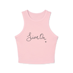 A pink cropped racerback tank top with a black cursive Live On script graphic on the chest.