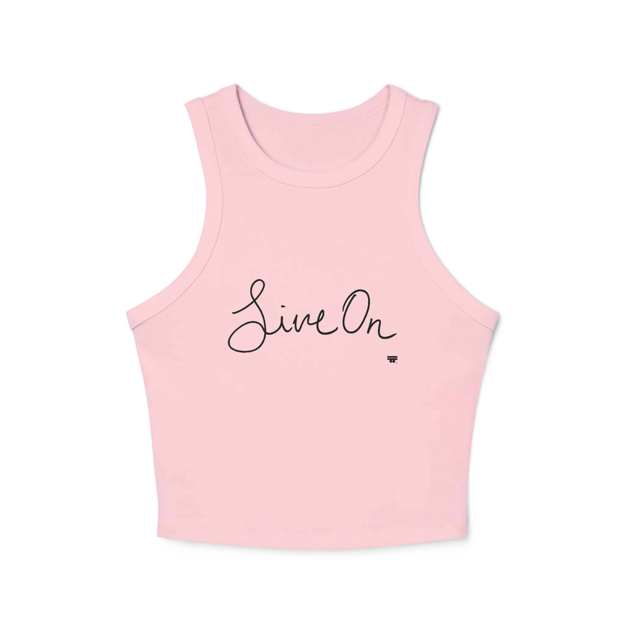 A pink cropped racerback tank top with a black cursive Live On script graphic on the chest.