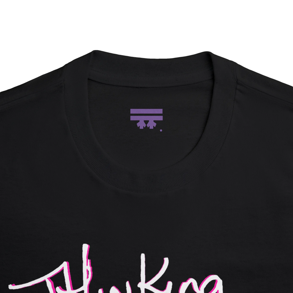 Classic fit crew neck tee, black, collar close-up showing brand label, 100% cotton.