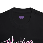 Classic fit crew neck tee, black, collar close-up showing brand label, 100% cotton.