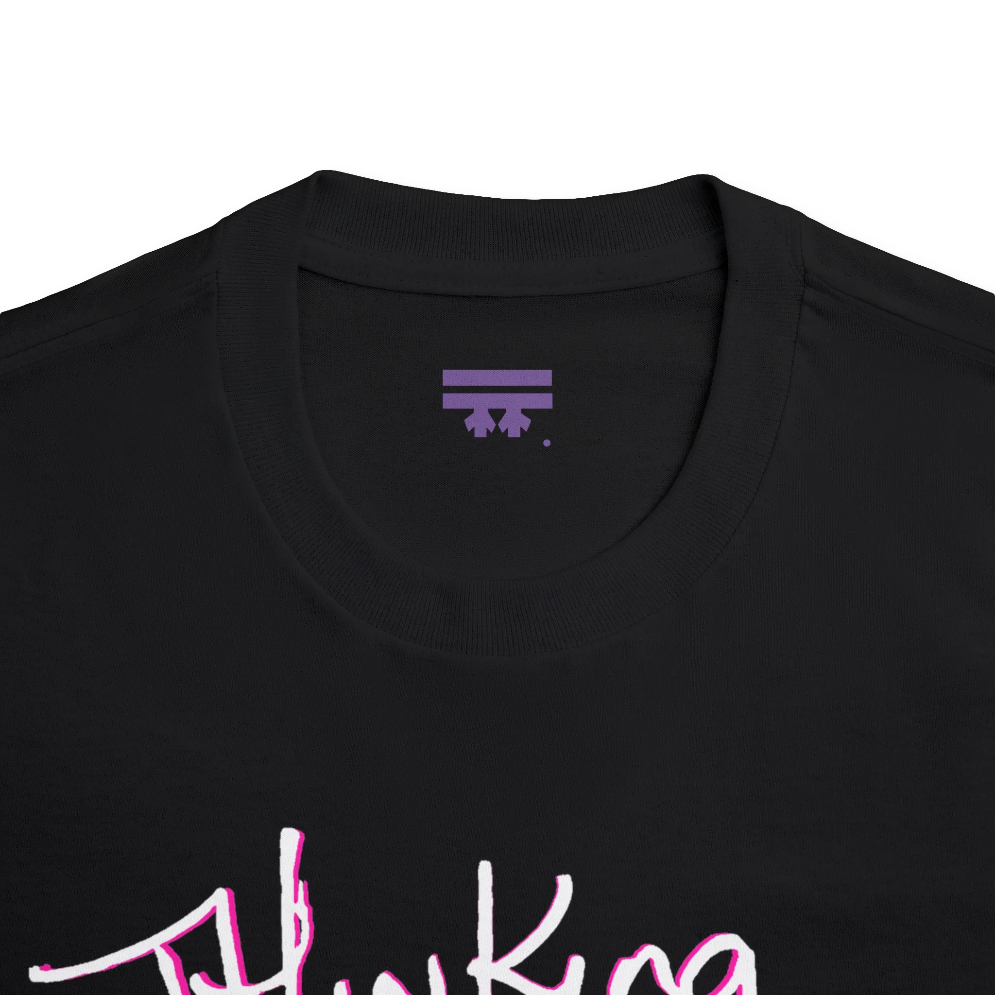 Classic fit crew neck tee, black, collar close-up showing brand label, 100% cotton.