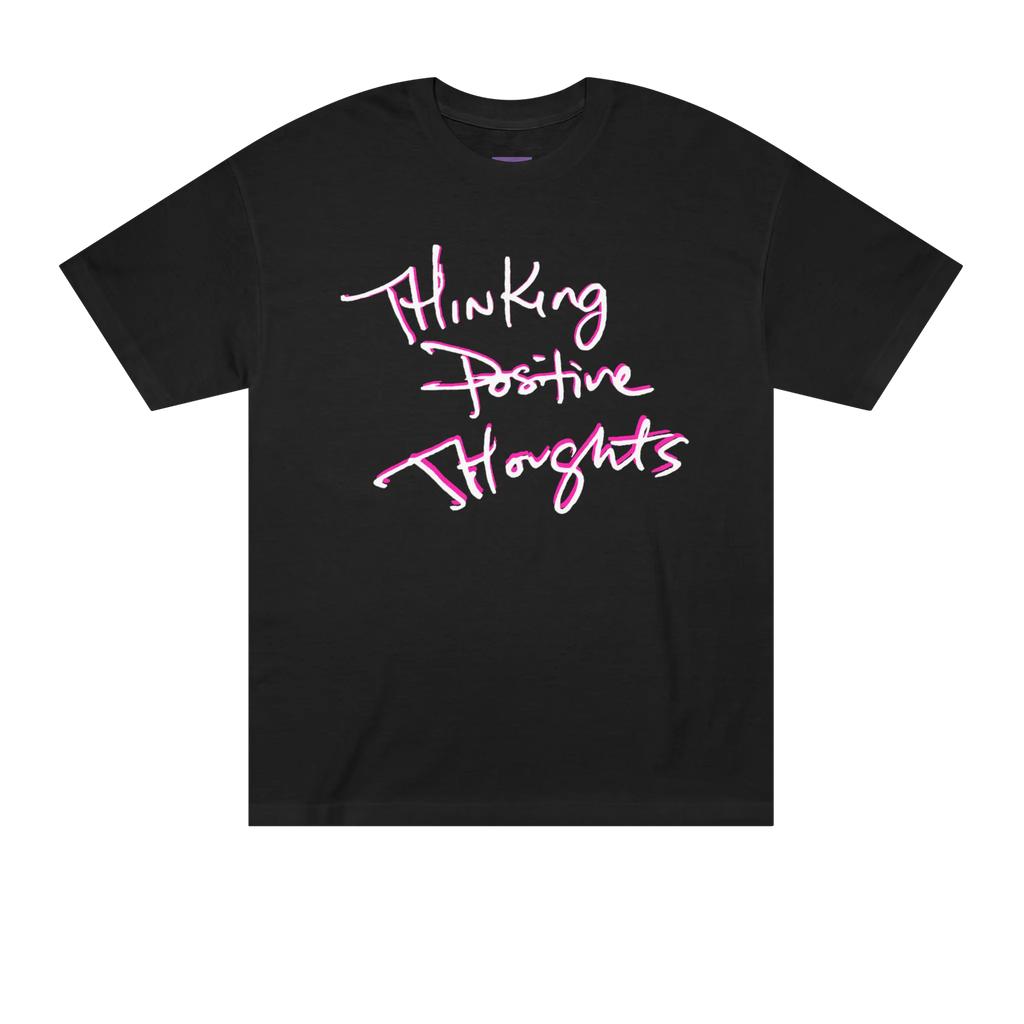 Classic fit crew neck tee, black, front view, handwritten script graphic reading Thinking Positive Thoughts in white with hot pink outline