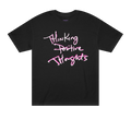 Classic fit crew neck tee, black, front view, handwritten script graphic reading Thinking Positive Thoughts in white with hot pink outline