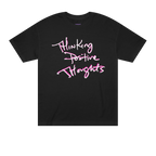 Classic fit crew neck tee, black, front view, handwritten script graphic reading Thinking Positive Thoughts in white with hot pink outline