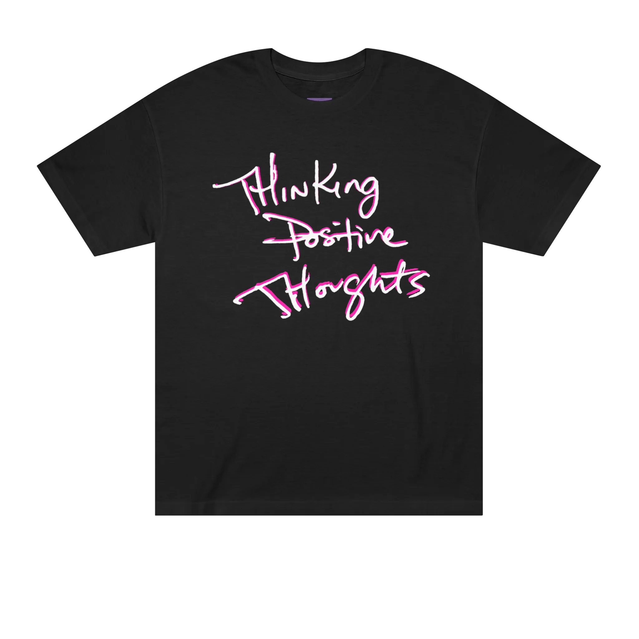 Classic fit crew neck tee, black, front view, handwritten script graphic reading Thinking Positive Thoughts in white with hot pink outline