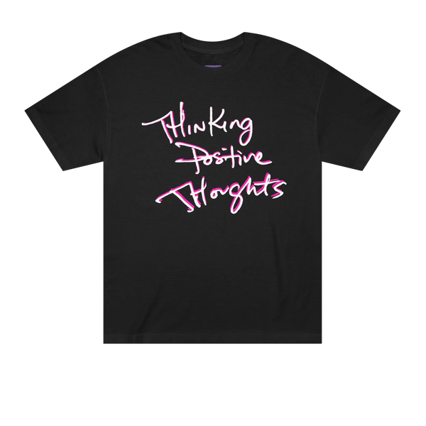 Classic fit crew neck tee, black, front view, handwritten script graphic reading Thinking Positive Thoughts in white with hot pink outline