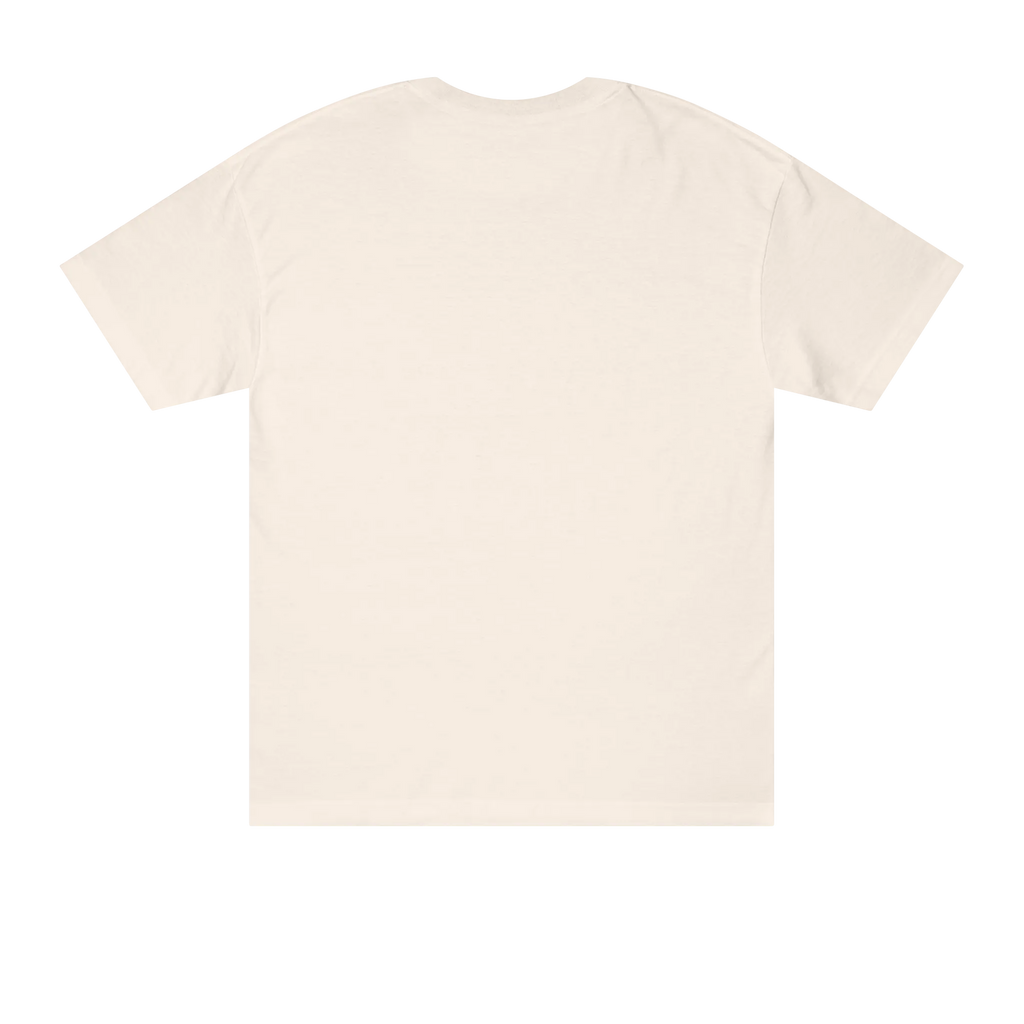 Classic fit crew neck tee, cream, back view, no graphic.