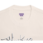 Classic fit crew neck tee, cream, collar close-up showing brand label, 100% cotton.