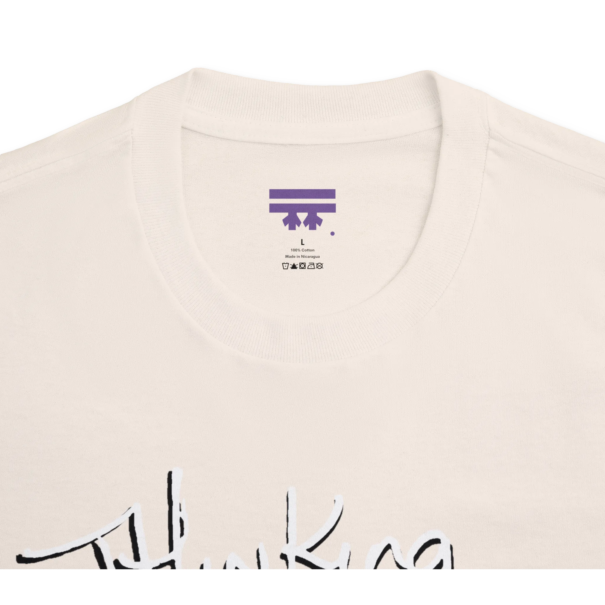 Classic fit crew neck tee, cream, collar close-up showing brand label, 100% cotton.