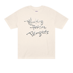 Classic fit crew neck tee, cream, front view, handwritten script graphic reading Thinking Positive Thoughts in black with white outline.
