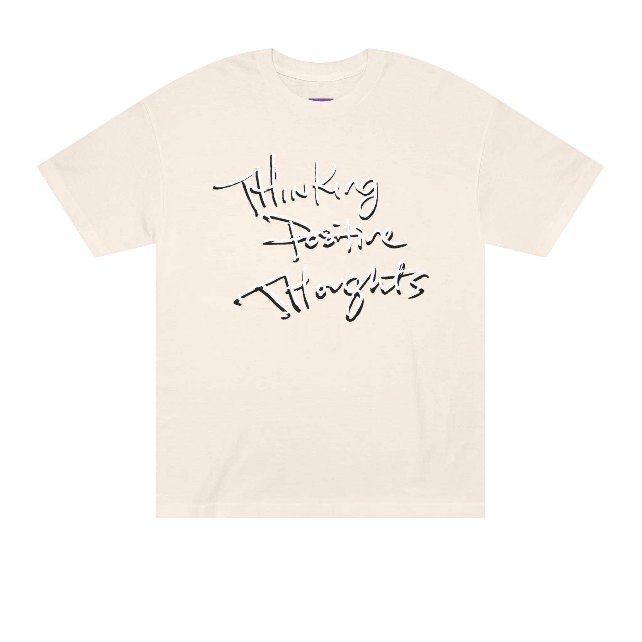 Classic fit crew neck tee, cream, front view, handwritten script graphic reading Thinking Positive Thoughts in black with white outline.