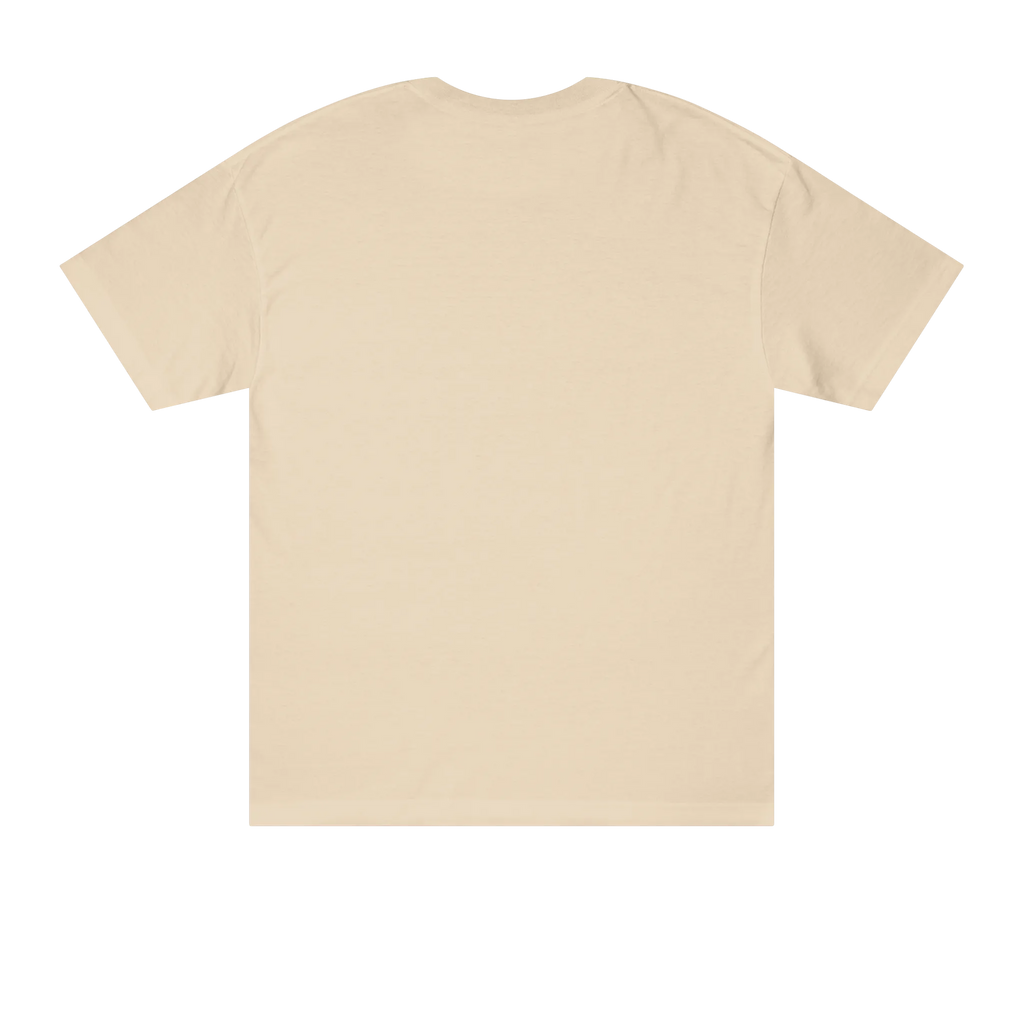 Classic fit crew neck tee, sand, back view, no graphic.