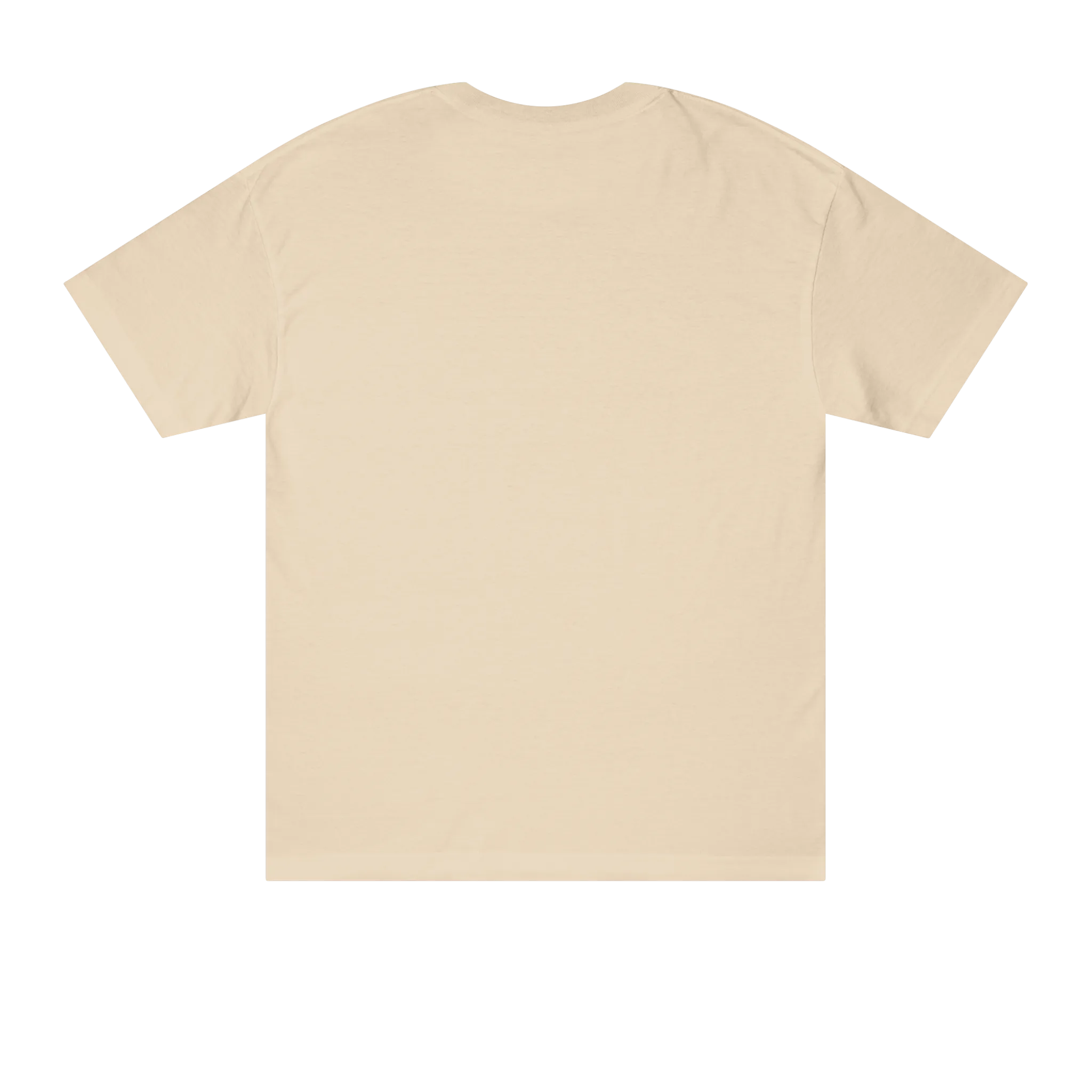 Classic fit crew neck tee, sand, back view, no graphic.