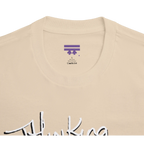 Classic fit crew neck tee, sand, collar close-up showing brand label, 100% cotton.