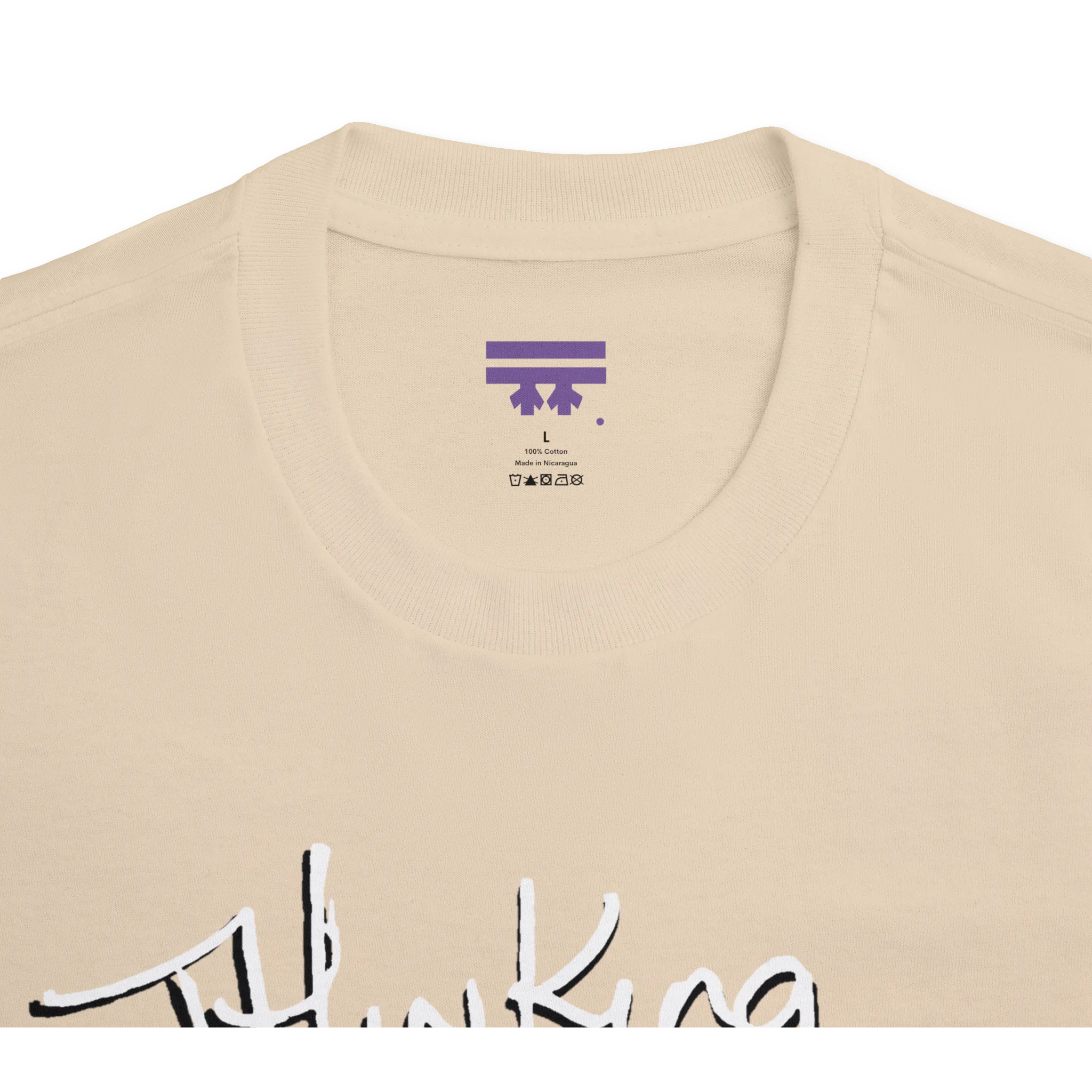 Classic fit crew neck tee, sand, collar close-up showing brand label, 100% cotton.