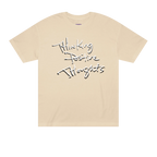 Classic fit crew neck tee, sand, front view, handwritten script graphic reading Thinking Positive Thoughts in black with white outline.